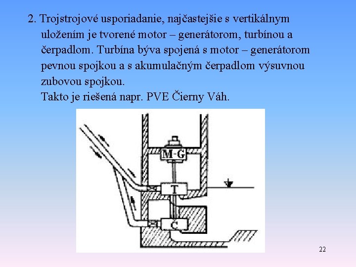 2. Trojstrojové usporiadanie, najčastejšie s vertikálnym 2. uložením je tvorené motor – generátorom, turbínou 2. Trojstrojové usporiadanie, najčastejšie s vertikálnym 2. uložením je tvorené motor – generátorom, turbínou