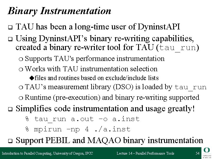 Binary Instrumentation q q TAU has been a long-time user of Dyninst. API Using