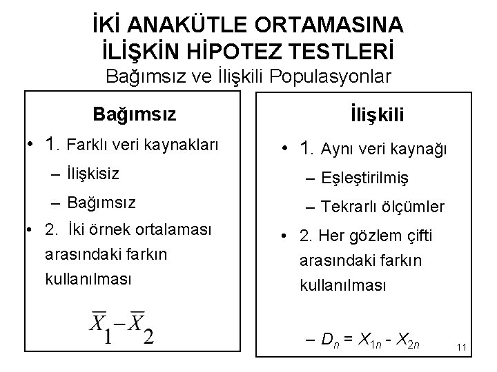 İKİ ANAKÜTLE ORTAMASINA İLİŞKİN HİPOTEZ TESTLERİ Bağımsız ve İlişkili Populasyonlar Bağımsız • 1. Farklı