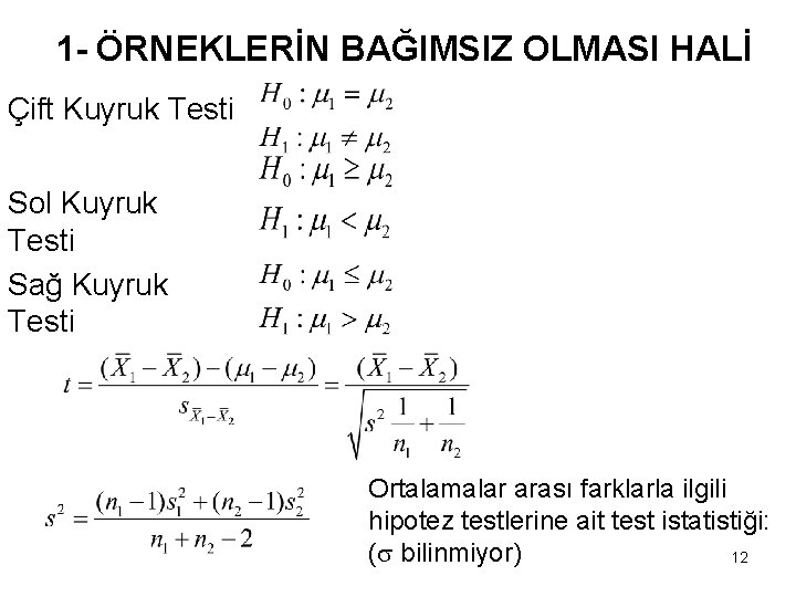 1 - ÖRNEKLERİN BAĞIMSIZ OLMASI HALİ Çift Kuyruk Testi Sol Kuyruk Testi Sağ Kuyruk