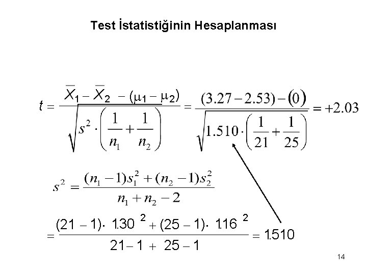 Test İstatistiğinin Hesaplanması t X 1 X 2 ( 1 2 ) . (21