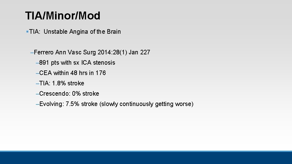 TIA/Minor/Mod § TIA: Unstable Angina of the Brain –Ferrero Ann Vasc Surg 2014: 28(1) TIA/Minor/Mod § TIA: Unstable Angina of the Brain –Ferrero Ann Vasc Surg 2014: 28(1)