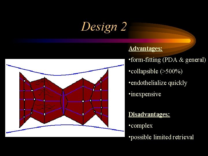 Design 2 Advantages: • form-fitting (PDA & general) • collapsible (>500%) • endothelialize quickly