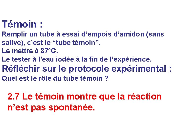 Témoin : Remplir un tube à essai d’empois d’amidon (sans salive), c’est le “tube