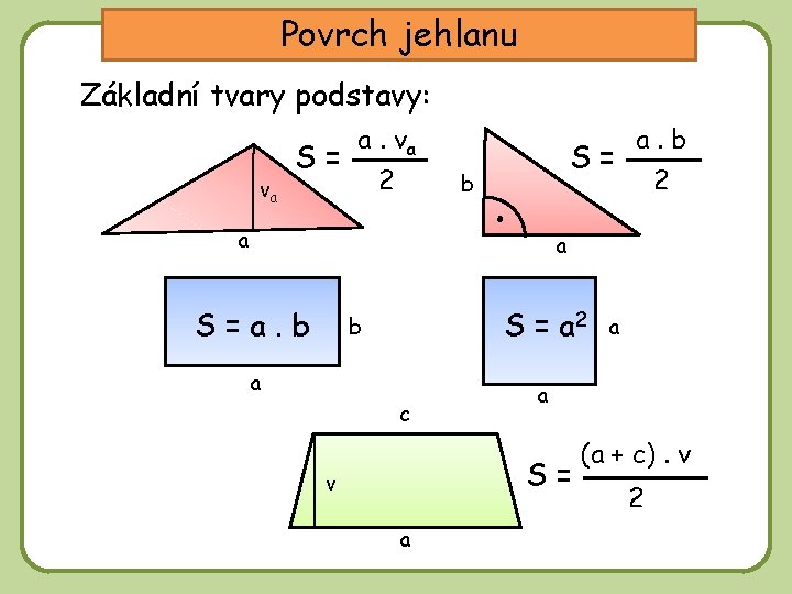 Povrch jehlanu Základní tvary podstavy: va S= a. va 2 S= b a a.