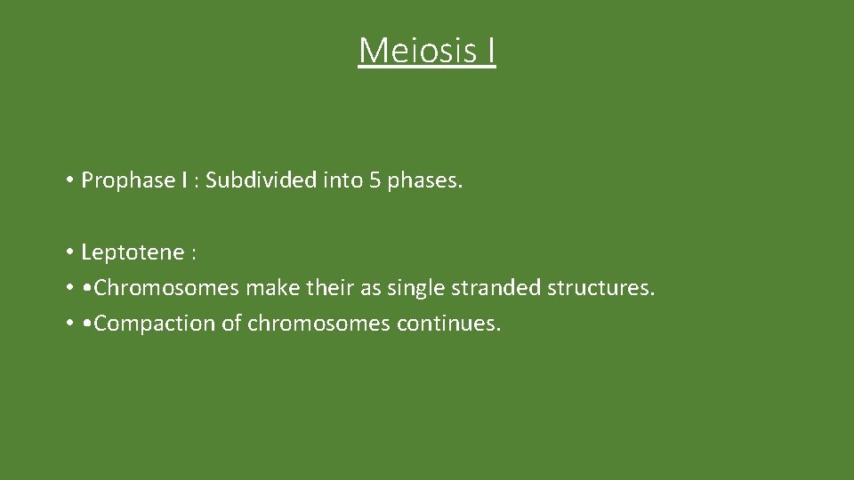 Meiosis I • Prophase I : Subdivided into 5 phases. • Leptotene : •