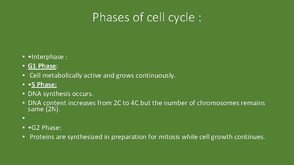 Phases of cell cycle : • Interphase : G 1 Phase: Cell metabolically active