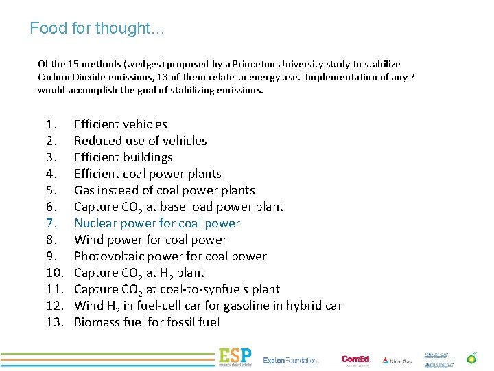 Food for thought… Of the 15 methods (wedges) proposed by a Princeton University study