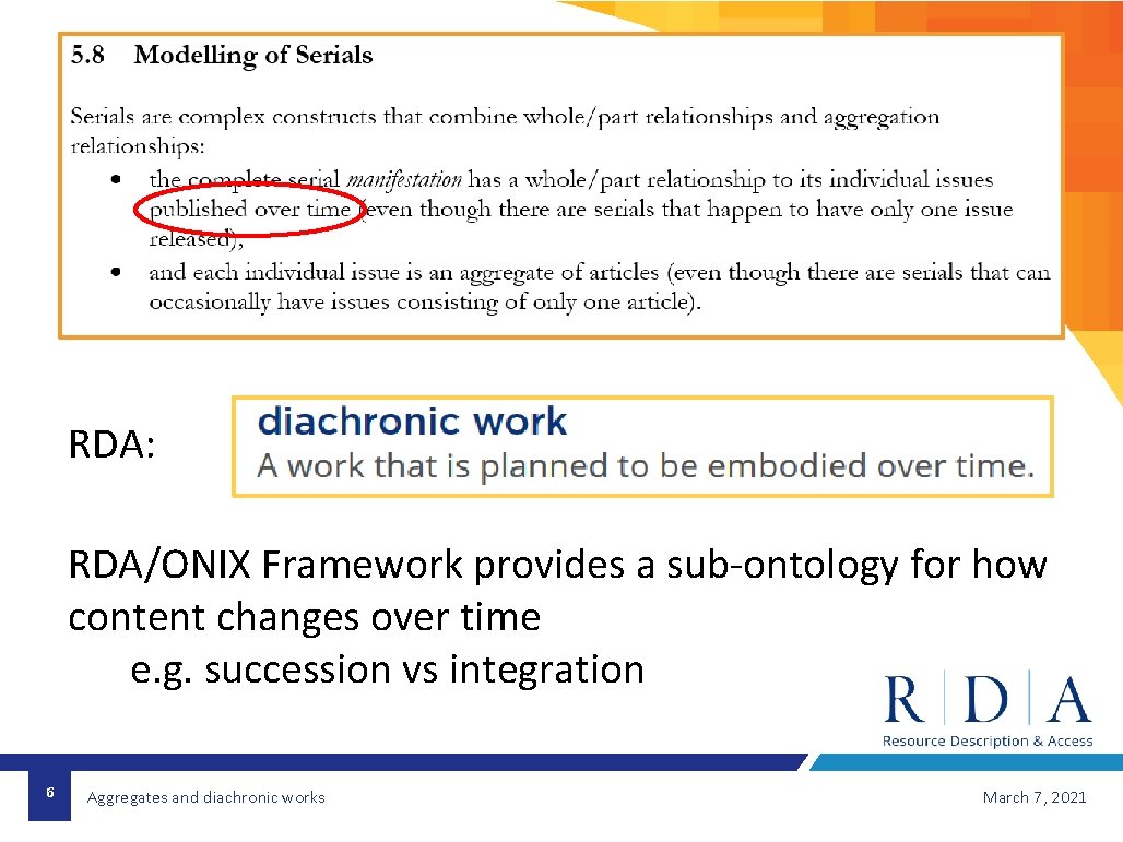 RDA: RDA/ONIX Framework provides a sub-ontology for how content changes over time e. g.