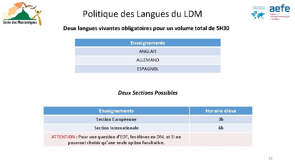 Politique des Langues du LDM Deux langues vivantes obligatoires pour un volume total de