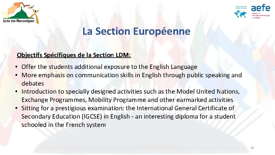 La Section Européenne Objectifs Spécifiques de la Section LDM: • Offer the students additional