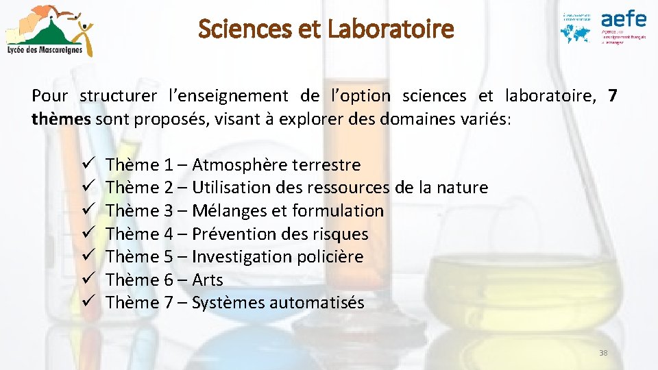 Sciences et Laboratoire Pour structurer l’enseignement de l’option sciences et laboratoire, 7 thèmes sont