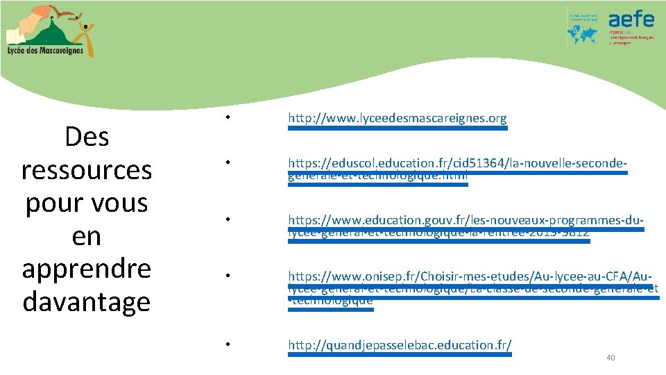 Des ressources pour vous en apprendre davantage • http: //www. lyceedesmascareignes. org • https: