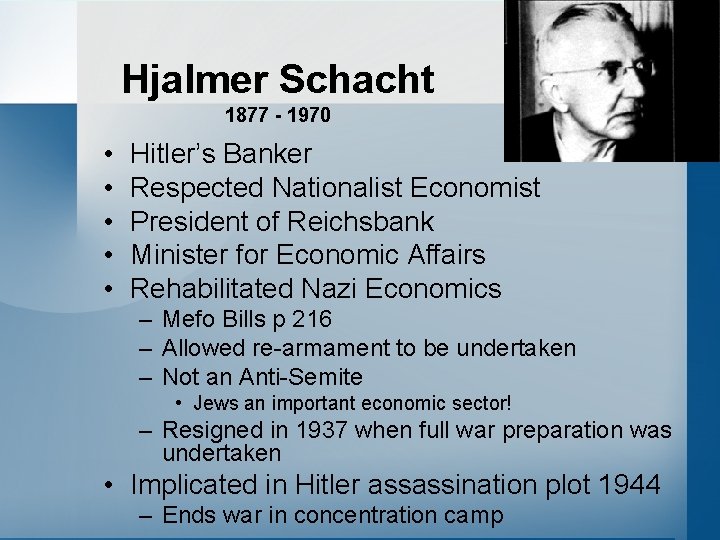 Hjalmer Schacht 1877 - 1970 • • • Hitler’s Banker Respected Nationalist Economist President