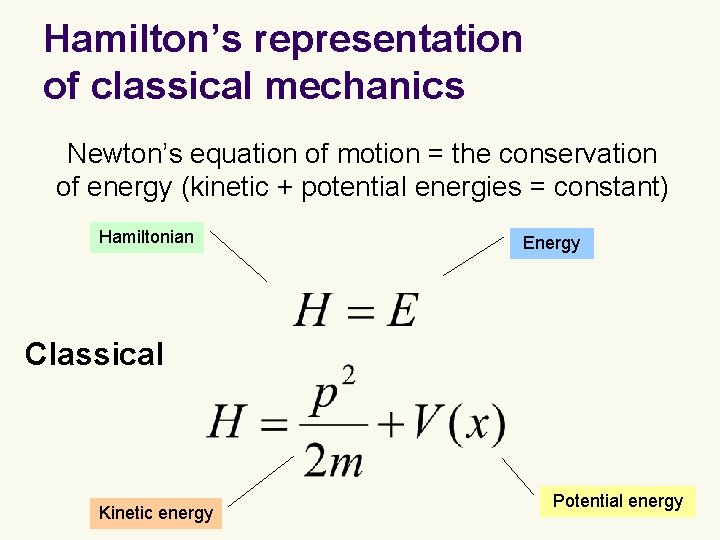 Hamilton’s representation of classical mechanics Newton’s equation of motion = the conservation of energy