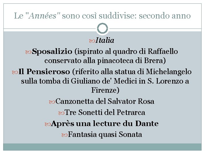 Le "Années" sono così suddivise: secondo anno Italia Sposalizio (ispirato al quadro di Raffaello