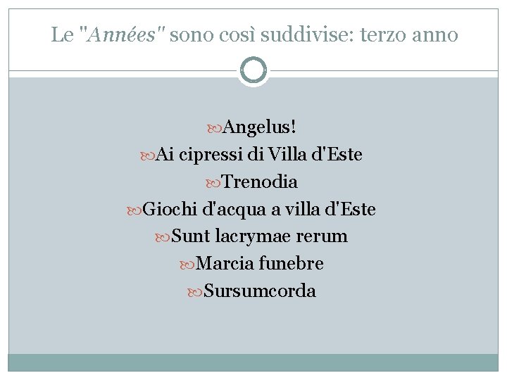 Le "Années" sono così suddivise: terzo anno Angelus! Ai cipressi di Villa d'Este Trenodia