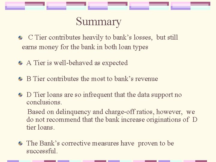 Summary C Tier contributes heavily to bank’s losses, but still earns money for the