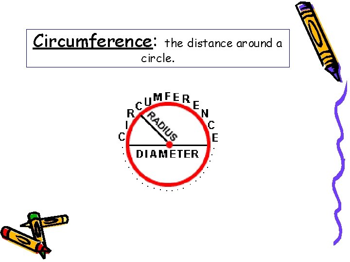 Circumference: the distance around a circle. 