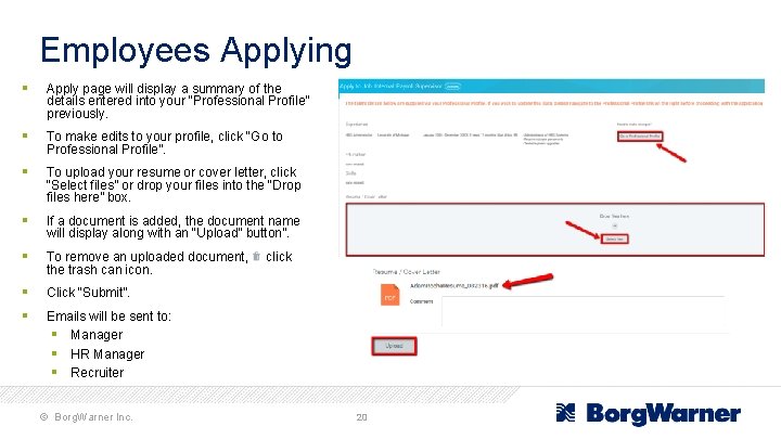 Employees Applying § Apply page will display a summary of the details entered into