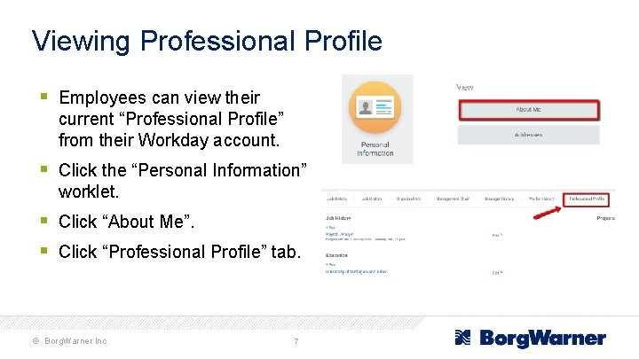 Viewing Professional Profile § Employees can view their current “Professional Profile” from their Workday