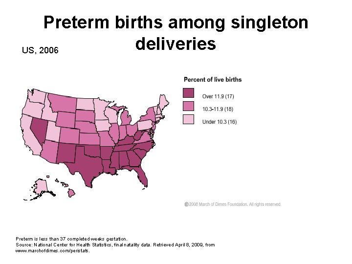 Preterm births among singleton deliveries US, 2006 Preterm is less than 37 completed weeks