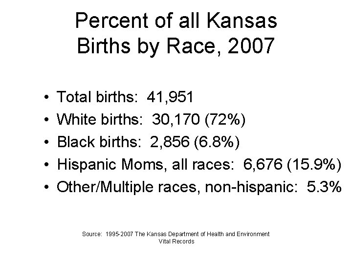 Percent of all Kansas Births by Race, 2007 • • • Total births: 41,
