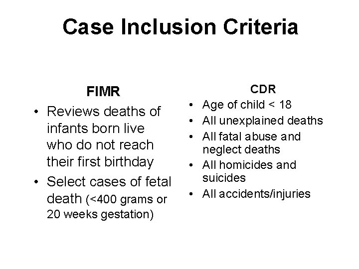 Case Inclusion Criteria FIMR • Reviews deaths of infants born live who do not