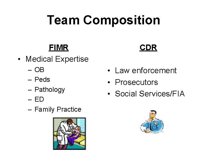 Team Composition FIMR • Medical Expertise – – – CDR OB • Law enforcement