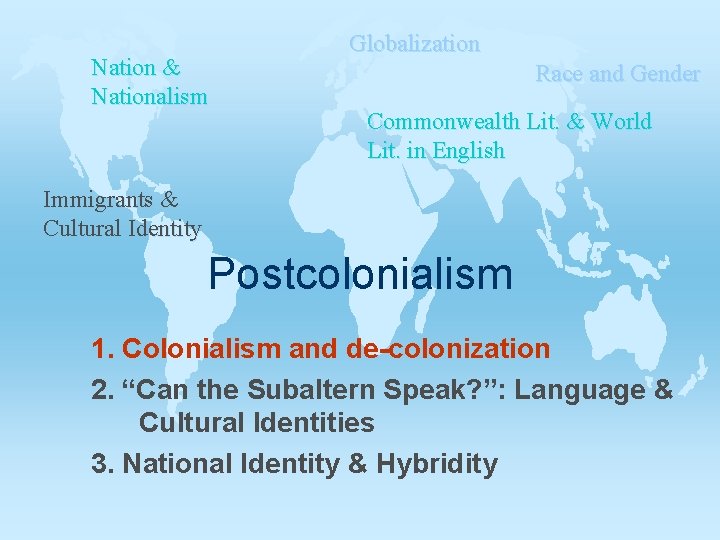 Nation & Nationalism Globalization Race and Gender Commonwealth Lit. & World Lit. in English