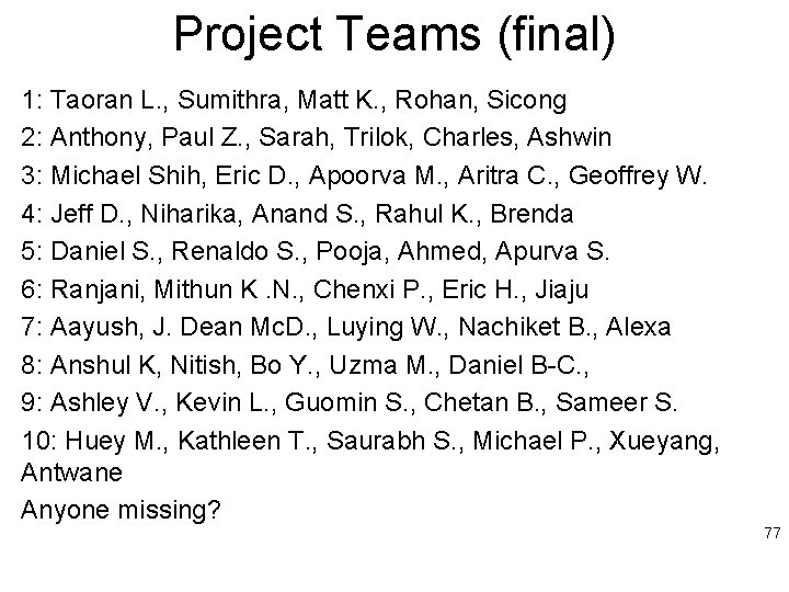 Project Teams (final) 1: Taoran L. , Sumithra, Matt K. , Rohan, Sicong 2: