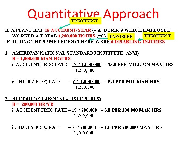 Quantitative Approach FREQUENCY IF A PLANT HAD 18 ACCIDENT/YEAR (= A) DURING WHICH EMPLOYEE