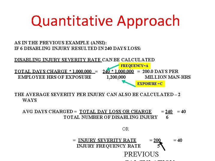 Quantitative Approach AS IN THE PREVIOUS EXAMPLE (ANSI): IF 6 DISABLING INJURY RESULTED IN