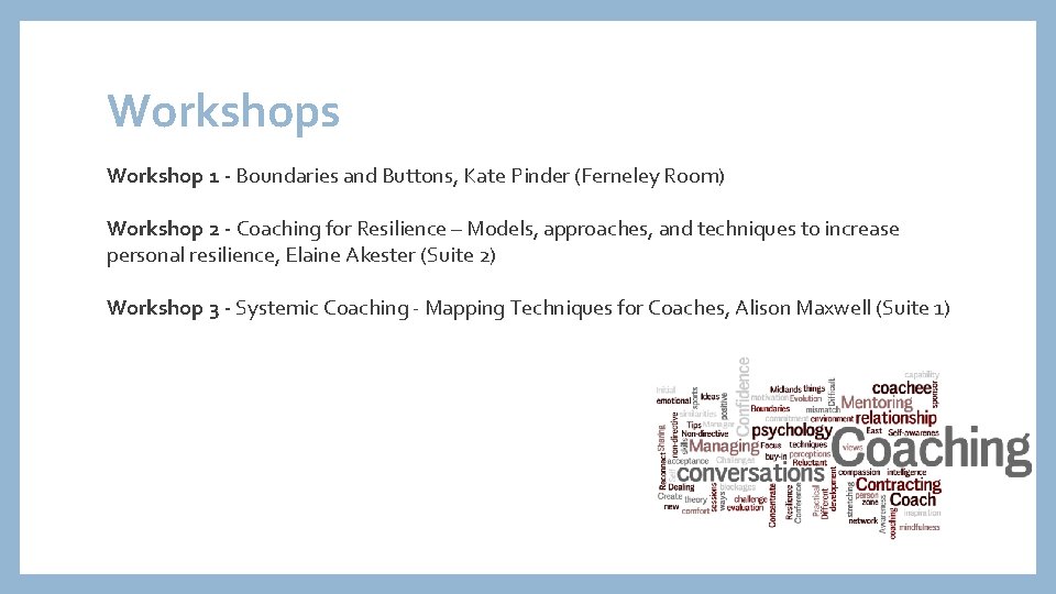 Workshops Workshop 1 - Boundaries and Buttons, Kate Pinder (Ferneley Room) Workshop 2 -