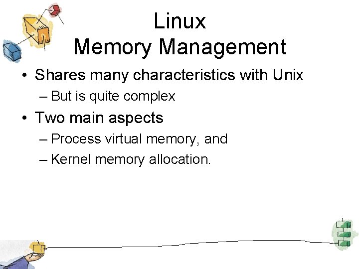 Linux Memory Management • Shares many characteristics with Unix – But is quite complex