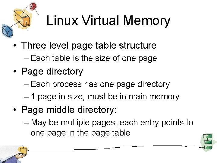 Linux Virtual Memory • Three level page table structure – Each table is the