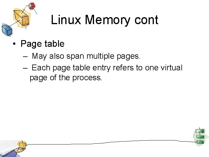 Linux Memory cont • Page table – May also span multiple pages. – Each