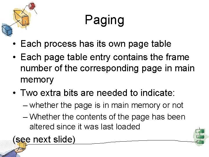 Paging • Each process has its own page table • Each page table entry