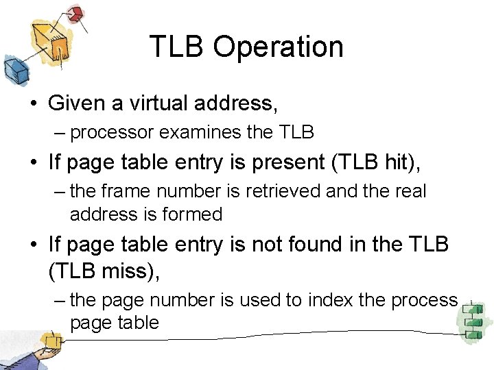TLB Operation • Given a virtual address, – processor examines the TLB • If