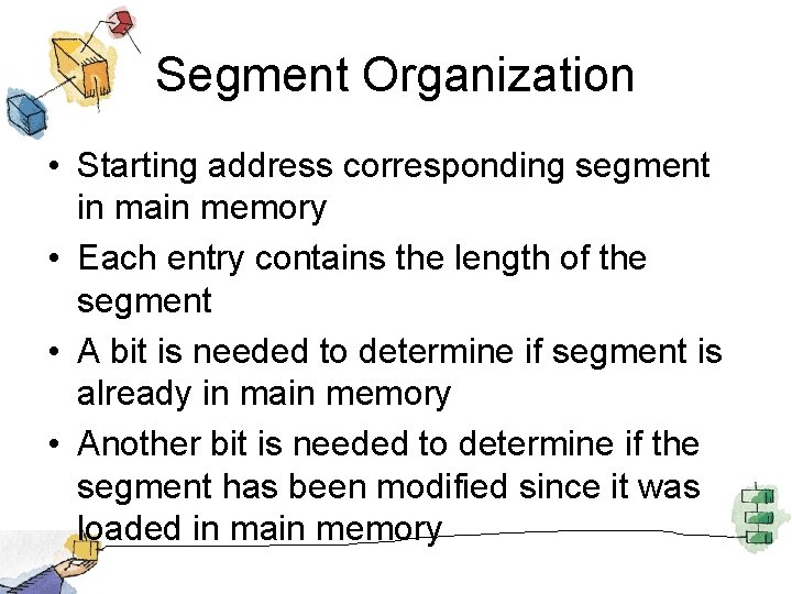 Segment Organization • Starting address corresponding segment in main memory • Each entry contains