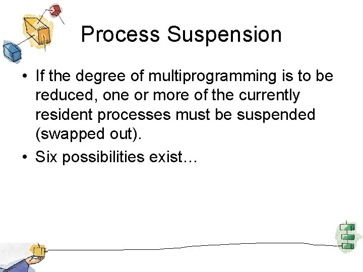 Process Suspension • If the degree of multiprogramming is to be reduced, one or