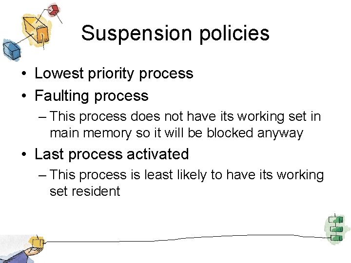 Suspension policies • Lowest priority process • Faulting process – This process does not