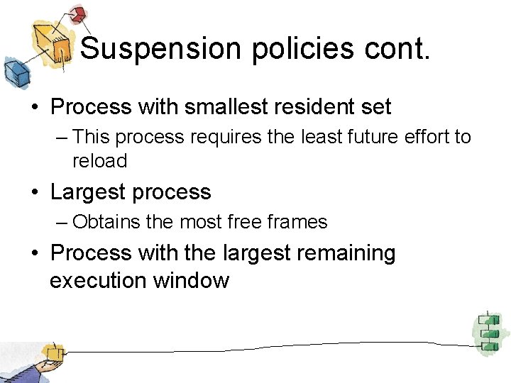Suspension policies cont. • Process with smallest resident set – This process requires the