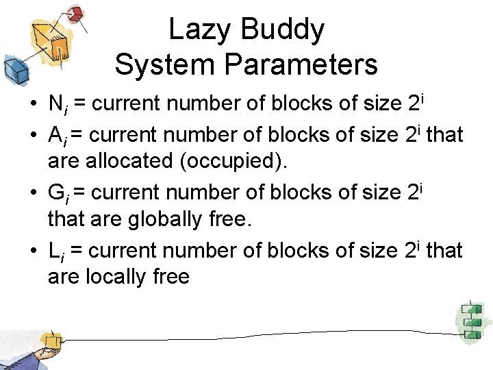 Lazy Buddy System Parameters • Ni = current number of blocks of size 2