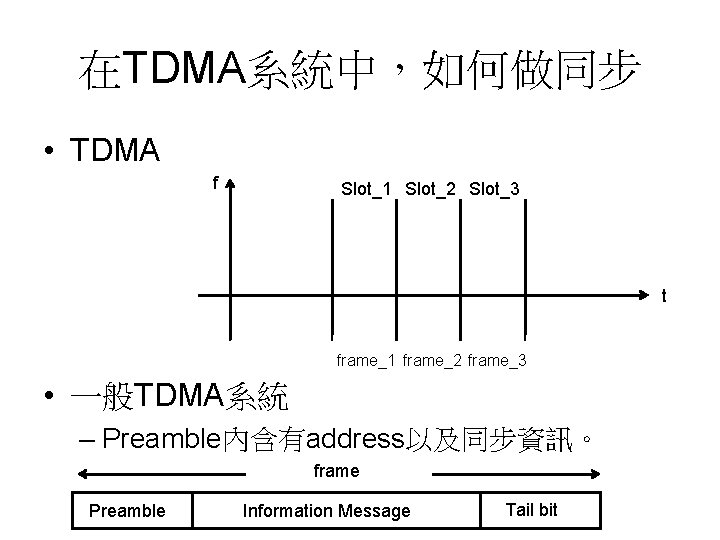 在TDMA系統中，如何做同步 • TDMA f Slot_1 Slot_2 Slot_3 t frame_1 frame_2 frame_3 • 一般TDMA系統 –