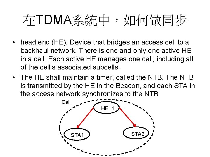 在TDMA系統中，如何做同步 • head end (HE): Device that bridges an access cell to a backhaul