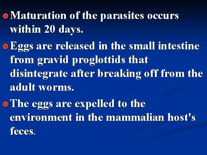 | Maturation of the parasites occurs within 20 days. | Eggs are released in