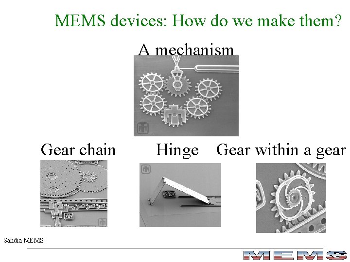 MEMS devices: How do we make them? A mechanism Gear chain Sandia MEMS Hinge