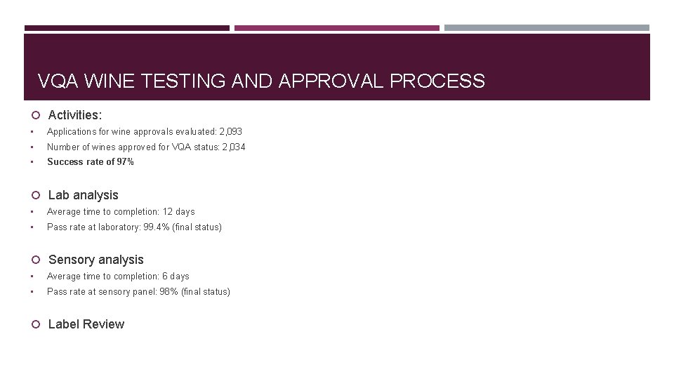 VQA WINE TESTING AND APPROVAL PROCESS Activities: • Applications for wine approvals evaluated: 2,