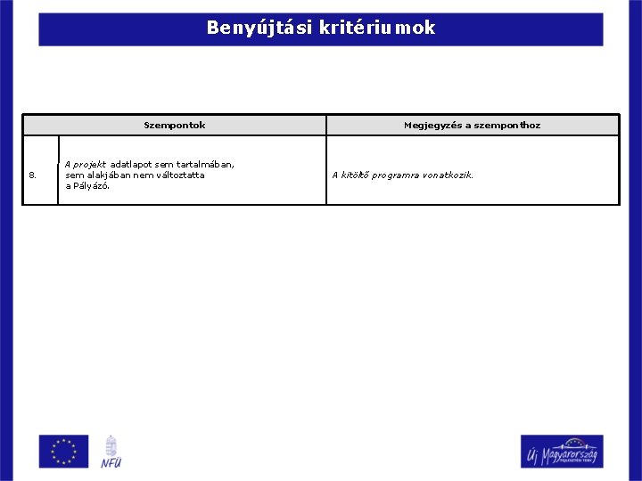 Benyújtási kritériumok Szempontok 8. A projekt adatlapot sem tartalmában, sem alakjában nem változtatta a Benyújtási kritériumok Szempontok 8. A projekt adatlapot sem tartalmában, sem alakjában nem változtatta a